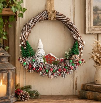 Handcrafted from scratch, this beautiful hand-woven winter wreath is perfect for your interior. Measuring 36/36 cm features tiny wooden houses, frosty berries, and a lot of natural pinecones that together make a cozy, snowy scene.