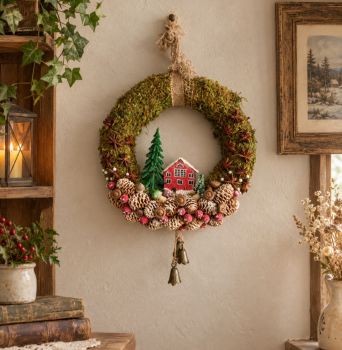 Bring the cozy charm of an Irish winter woodland indoors with this 30 cm handmade wreath. Features a handcrafted wooden red house, acorns, pinecones, star anise, a wooden mushroom, realistic red berries, and brass bells, perfect for any wall or door.