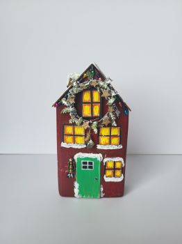 Handcrafted from reclaimed wood, hand-painted with acrylic, this 9/4/18 cm is perfect for any cozy Christmas decor or as a unique gift.