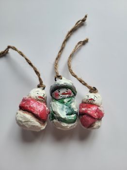 Beautiful one-of-a-kind handcrafted cotton snowman, hand-painted with acrylic, vintage-style Christmas ornaments, is perfect for a unique, rustic gift.