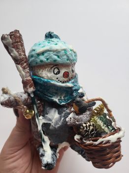 Handcrafted snowman, made with cotton and painted with acrylic and varnish, 13 cm tall is perfect for a winter scene or as a cute, one-of-a-kind gift.