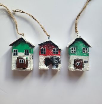 Handmade wooden distressed houses, hand-painted with acrylic are one-of-a-kind Christmas decorations, perfect for a unique gift for handmade lovers.