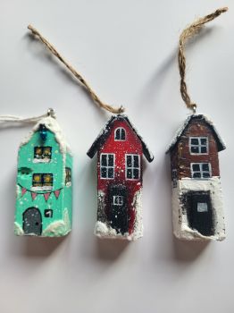 Set of 3 handcrafted Christmas ornaments, made with reclaimed wood and hand-painted with acrylic, perfect for someone who loves old, vintage, handmade items.