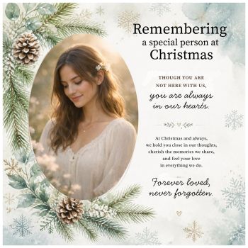 A beautiful and meaningful Christmas remembrance card, thoughtfully created to honour someone special who is no longer with us.
Printed on&nbsp;luxury 6x6 linen card, this bespoke design features a&nbsp;personal photograph, adding an extra special touch and creating a truly unique keepsake for the family to treasure.
The gentle wording reflects the love, light and memories that remain, offering a heartfelt way to let a family know they are being remembered and thought of at this special time of year.
Personalised with your chosen photograph, making each card as unique and meaningful as the person being remembered.