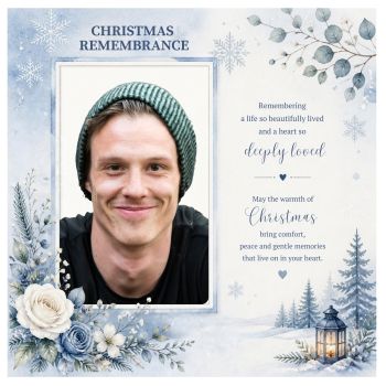 A beautiful and meaningful Christmas remembrance card, thoughtfully created to honour someone special who is no longer with us.
Printed on&nbsp;luxury 6x6 linen card, this bespoke design features a&nbsp;personal photograph, adding an extra special touch and creating a truly unique keepsake for the family to treasure.
The gentle wording reflects the love, light and memories that remain, offering a heartfelt way to let a family know they are being remembered and thought of at this special time of year.
Personalised with your chosen photograph, making each card as unique and meaningful as the person being remembered.