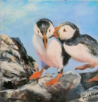 Charming colourful original oil painting of two puffins . Oil on 12" x 12" canvas
Framed in a white wood double frame it measures 20" x 20"
Free shipping within Ireland
&nbsp;