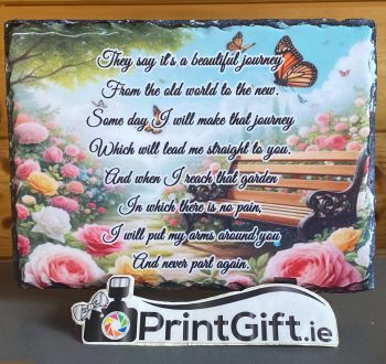 Our memorial slates are made of real slate, and are tough, durable and created for outdoors
.
This slate is 14x19cm in size
It is coated for outside use on graves.
Every slate comes with plastic feet acting as a stand.
Each piece is handcrafted with chiselled imperfect edges to make any image a truly unique showcase. Slates can vary in size by up to &frac12; inch. The natural surface of the slate has natural imperfections that will show through the photos and make each plaque unique.
&nbsp;
&nbsp;