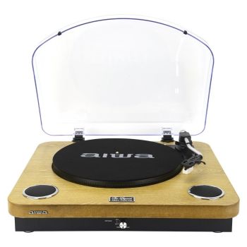 A stylish all-in-one Aiwa turntable with built-in speakers, Bluetooth streaming, FM radio and USB/SD playback, combining classic vinyl sound with modern convenience.