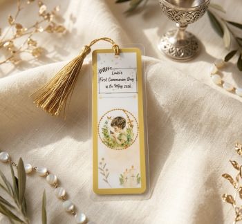 Double side laminated bookmarks. Bulk options available as souvenirs for guests.