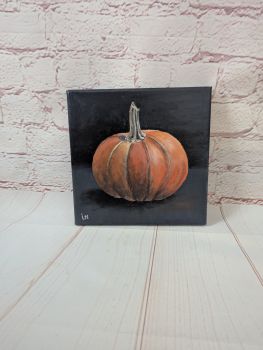 An original 20 &times; 20 cm acrylic painting featuring a warm autumn pumpkin on a dark background.