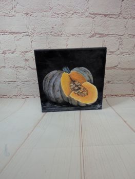 An original 20 &times; 20 cm acrylic painting featuring two autumn pumpkins on a dark background.
