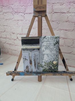 A 20 &times; 20 cm hand-painted acrylic painting of an old door.