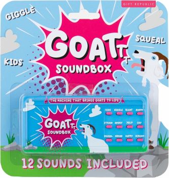 

12 goat sounds including bleats, screams, squeals and cries
Easy one-button press and play operation
Compact handheld sound machine
Replaceable coin battery included
Designed in England by Gift Republic
Perfect prank toy and novelty gift

