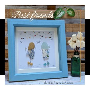 A beautiful keepsake to celebrate friendship, laughter and unforgettable good times 🥂✨
This piece features two friends dancing and clinking a glass of bubbly under colourful, twinkling lights, capturing that joyful &ldquo;cheers&rdquo; moment we all love.
Carefully created using hand-selected beach finds including natural pebbles, sea glass and pottery from the beautiful shores of Co. Cork.
&nbsp;
This artwork is set in a blue-toned frame that complements the lively background and gives the piece a modern, uplifting feel.
&nbsp;
This picture is ready to gift and makes a thoughtful present for a friend, sister, birthday, celebration, or simply to say thank you or &ldquo;here&rsquo;s to us&rdquo;.🥂✨
