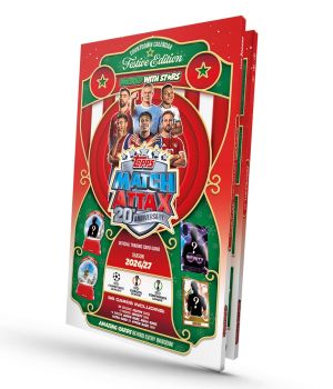 

96 cards including 84 standard Match Attax cards
10 exclusive Festive Edition snow globe die-cut cards
1 random Infinity puzzle card
1 random Super-Rare, Mega-Rare, Ultra-Rare or Hyper-Rare card
24 windows to open in the countdown to Christmas
Official trading card game, 20th Anniversary 2026/27 season

