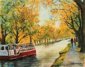 original oil painting of couple walking by the Grand Canal Dublin . Beautiful atmospheric Autumnal scene painted in oils on a 12" x 16" canvas board.
Framed in a white wooden double frame it measures 18" x 22"
Free shipping in Ireland
&nbsp;