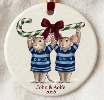 A beautiful festive bauble gift personalised with a choice of County Colours festive mouse. Printed on acrylic and finished in festive ribbon. A beautiful gift idea for the family and the mouse lover. &nbsp;Free postage