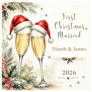 First Christmas Married &ndash; Personalised Champagne Glasses Christmas Card
Celebrate a magical milestone with this beautiful bespoke Christmas card, featuring elegant champagne glasses topped with festive Santa hats &ndash; a fun and festive design for newlyweds celebrating their first Christmas as Mr &amp; Mrs.
Crafted on luxurious 6x6 card stock, this special card is finished with glitter detailing to add a touch of Christmas sparkle.
Personalised with the couple&rsquo;s names and year, every card is made to order, creating a unique and thoughtful keepsake for a very special couple.
More than just a Christmas card, it is a treasured memento of their first festive season as husband and wife &ndash; perfect to keep and display for years to come.
Luxury &bull; Bespoke &bull; Personalised &bull; Made to Order
A special card for their first Christmas together as a married couple! 🎄🥂