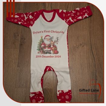Personalised Christmas Pre-printed Baby Vest are a fun and unique clothing for a baby Christmas dress up or a Baby First Christmas. They are available in sizes from 0-3 months right up to 9-12 months. They come with the design as advertised on the sleeves, back and feet and can be further personalised with pictures and text on the tummy area. Another special personalised gift from Gifted Lane.