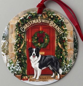 A beautiful festive bauble gift personalised with your dogs breed at a red festive door. Printed on acrylic and finished in festive ribbon. A beautiful gift idea for the family and the animal lover. &nbsp;Free postage