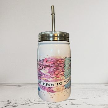 Enjoy your favourite iced coffee or cold drink in this beautiful stainless steel can from Find a Gift. Featuring a white background, pretty blue and pink brain-inspired artwork, and a black ribbon-style design displaying the words &ldquo;Be Kind to Your Mind&rdquo;, this can is both stylish and uplifting. Complete with a stainless steel screw-top lid and matching stainless steel straw, it&rsquo;s a lovely reusable drink companion that keeps your drinks cold for hours.
&nbsp;