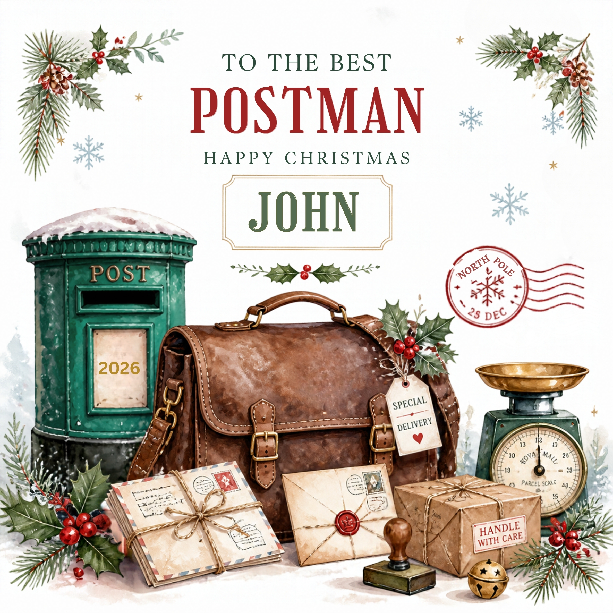 Personalised Christmas Postman Card &ndash; A Special Keepsake
Show your appreciation for your postman this Christmas with a unique, bespoke luxury Christmas card, thoughtfully designed to make them feel extra special.
Beautifully crafted on premium 6x6 hammered card stock, this personalised card features their name and the year, creating a lovely keepsake and a meaningful way to say thank you for all their hard work throughout the year.
🎄 Personalised with name and year✨ Unique, bespoke and made to order💌 Luxury 6x6 hammered card stock🎁 A thoughtful Christmas greeting and keepsake of appreciation
A special way to thank the person who delivers your post all year round &mdash; because some people deserve a little extra Christmas cheer!
Exclusively from Trinket Cards &ndash; For moments that deserve more.