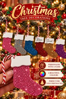 Personalised Christmas Stocking Hanging Decoration
Glitter acrylic hanging decoration perspnalised with a name in a choice of 6 colours
Measures 9cm from top to bottom.
Please note that only 1 name can fit,&nbsp; If multiple names are added only the first name can be used.&nbsp;&nbsp;