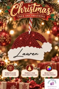 Personalised Santa Hat Hanging Decoration
Glitter Red acrylic hat with acyrlic white overlay personalised with a name.
Measures 9cm x 6.5cm
Please note that only 1 name can fit,&nbsp; If multiple names are added only the first name can be used.