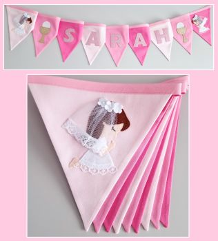 Personalised Name Bunting Beautiful Cotton Bunting is handmade to a high standard, makes a perfect addition to child&rsquo;s special day, a lovely keepsake that can be used for years to come. Price is for two applique flags only, &euro;3,80 for each additional flag. &nbsp; To order: * Enter communion childs hair colour/style&nbsp;(you will receive two communion child applique flags) * Enter communion childs name. * Enter the number of letters in your personalised name. &ndash;&nbsp;&euro;3.80 per letter/flag * Choose your fabric choice * If you would like additional blank flags (no letters or appliques) please select quantity. &ndash; &euro;3.80 per additional flag &nbsp;

Handmade
Materials: Cotton Prints, Felt, Love
