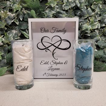 Infinity Heart Wood Sand Ceremony Set
which includes: 6.5″ x 8.5″ (165mm X 215mm) Wood Box, Two 6.5″ (165mm) tall glass pouring containers. 700g of sand in your choice of 2 colors, (350g of each color)