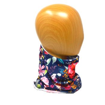 Multi-functional gaiter/ headband made from organic cotton jersey. This versatile accessory is useful year-round,  is soft and gentle on the skin and can be worn as a snood, headband, hairband, hat, scrunchy or face-covering.   Lightweight and versatile, it is also great for sportswear.

Floral pattern – multi-colour floral on Navy background – pinks, greens, lilacs, orange, ink blue, purple, grey etc

Sustainably produced –   Oeko-Tex  standard Cotton Jersey