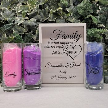 Fall In Love Wood Sand Ceremony Set
which includes: 6.5&Prime; x 8.5&Prime; (165mm X 215mm) Wood Box, Two 6.5&Prime; (165mm) tall glass pouring containers. 700g of sand in your choice of 2 colors, (350g of each color)
&nbsp;