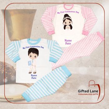 Personalised First Holy Communion Pyjamas is a personalised gift and a keepsake of a special day. They are available in pink or blue with pink and white or blue and white striped trousers and jumper sleeves, and can be&nbsp; personalised on both sides with any picture or text on them and with a date or name on them. Another special personalised gift from Gifted Lane.&nbsp;