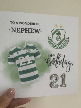 Beautiful handmade card for soccer fans of any age ! Jersey personalised with surname, and soccer crest makes this a very unique card.
