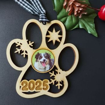 Personalised with with your favourite photo on birch wood and finished in festive ribbon ready to hang on your tree.