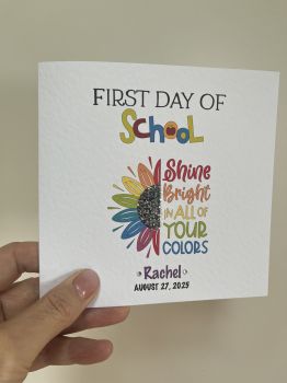 Celebrate their First Day at School with a Personalised Trinket Card — a keepsake to treasure forever.Commemorate this milestone with a beautifully crafted 6x6 card, made from premium hammer-textured card stock for a luxurious finish. Each card is embellished with delicate glitter and gem details and can be personalised with their name and the date they started school, making it truly unique to them.
Designed to be framed alongside a cherished photograph, this Trinket Card transforms their first day into a lasting memory for years to come.