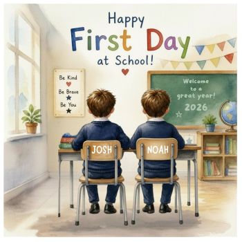 Celebrate a milestone made even more special with a beautifully handcrafted First Day at School keepsake card for twin boys.
Thoughtfully designed to capture this unforgettable moment, each luxury 6x6 keepsake card is&nbsp;personalised with both twins' names, creating a treasured reminder of the day their school journey began.
Every detail is made just for them, with the option to&nbsp;customise each twin's hairstyle and hair colour, ensuring every card is a truly bespoke keepsake that celebrates their individuality.
Printed on luxurious&nbsp;6x6 deluxe hammered cardstock, this premium-quality card is lovingly created to be treasured for years to come. Whether displayed in a memory box or kept as a cherished memento, it's a meaningful way to mark this exciting new chapter.
A unique, thoughtful and beautifully bespoke keepsake, lovingly created&nbsp;for moments that deserve more.