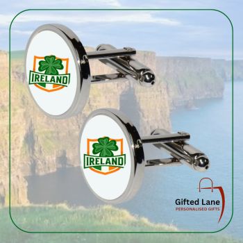 These personalised Ireland Themed Cuff Links can make a fun gift even more personal. They can be personalised with the design shown or a picture and with a date or name on them. They are available in two different colours silver or rose gold in circle or square shaped and come with a black presentation box. Another special personalised gift from Gifted Lane&nbsp;
