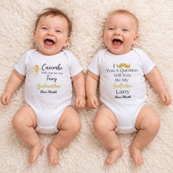Fairy Godmother or Godfather ask someone special to be a big part of your baby&rsquo;s life with these cute and fun personalised baby vests. Creating special memories with these carefully chosen gifts, this fun baby gift is an option that everyone will love. A unique way to ask those special people in your life to be godparents. This 100% cotton baby vest is available in size 0-3, 3-6 and 6-12 months and is super soft on babies skin.&nbsp;