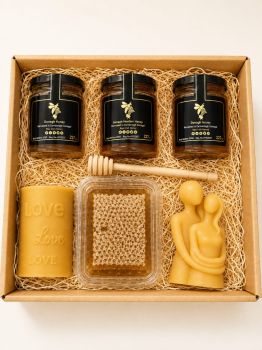 The Donagh Bees gift set is a wonderful way to show someone you care. With its unique selection of honey, candles, and bee products, it&rsquo;s the perfect way to experience the natural goodness of Donagh Bees. The different types of honey allow the recipient to taste the different flavor profiles that come from different types of flowers, while the wooden dipper and honeycomb provide a fun and interactive way to enjoy the honey. The beeswax candle adds a touch of luxury to any room, and the hugging couple design is a thoughtful and romantic touch. The gift box itself is well presented and makes for an eye-catching and attractive gift.
&nbsp;