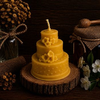 The Birthday Cake Beeswax Candle is a festive and fun candle made from 100% pure and natural beeswax. It is designed to resemble a birthday cake and features intricate details and a textured surface that adds to its charm. Burns cleanly, emitting a warm and inviting glow for any celebration or special occasion.Dimensions 50mm &times; 45mmWeight 37g