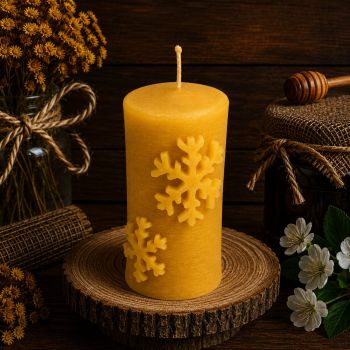 Snowflake Cylinder Candle: This Snowflake Cylinder Candle is a beautiful and festive addition to your holiday d&eacute;cor. Made from pure beeswax, it provides a warm and inviting glow that will fill your home with the natural scent of honey. Its snowflake design adds a touch of winter wonder to any room and will bring holiday cheer to your home. As a bonus, beeswax candles release negative ions when burned, improving air quality in your home and purifying the air. With its eco-friendly and natural properties, this Snowflake Cylinder Candle makes a great gift for loved ones and is an ideal choice for anyone looking to reduce their carbon footprint. Light up your holiday season with this stunning Snowflake Cylinder Candle
&nbsp;