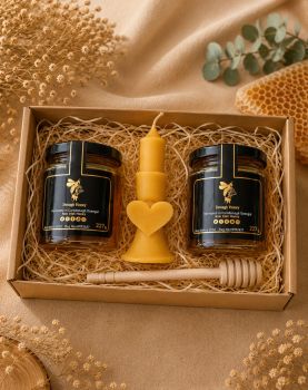Looking for a sweet and romantic gift that&rsquo;s perfect for any occasion? Our Spring Honey and Wild Flower Honey Gift Set is just what you need!
Inside, you&rsquo;ll find two jars of delicious and natural honey &ndash; one of our delicate Spring Honey, and one of our fragrant Wild Flower Honey. Both are perfect for adding a touch of sweetness to your favorite foods or drinks.
And to make it even easier to enjoy your honey, our Honey Dispenser is included. This stylish and functional dispenser makes it easy to add honey to your favorite foods or drinks with no mess or fuss.
Finally, to add a romantic and cozy touch to any room, our heart-shaped candle is the perfect addition. Light it up and enjoy the soothing and warm glow.
So whether you&rsquo;re celebrating a special occasion or just want to treat yourself or a loved one, our gift set is the perfect choice. Order yours today and experience the joy of these wonderful products for yourself!