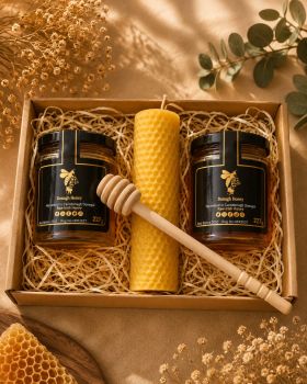 Looking for the perfect gift for a honey lover or someone who appreciates natural products? Our Honey Gift Set has everything you need to delight your taste buds and set the mood for a cozy evening.
Inside, you&rsquo;ll find a jar of our delicious and fragrant Wildflower Honey, harvested from the nectar of wildflowers in the countryside. You&rsquo;ll also find a jar of our smooth and delicate Spring Honey, collected from bees that have foraged on blooming flowers in the springtime.
To create the perfect ambiance for your honey tasting experience, we&rsquo;ve included a Rolled Beeswax Candle, which emits a warm and soothing glow. Made with 100% pure beeswax, this candle is a natural air purifier that leaves behind a sweet, honey-like scent.
So whether you&rsquo;re looking for a special gift or just want to treat yourself to some luxurious self-care, our Honey Gift Set has everything you need. Order yours today and experience the joy of these wonderful products for yourself!