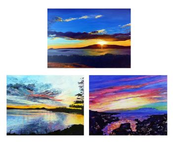A set of 3 beautiful West Cork Sunset greeting cards.
Each card is 17x12cm, press printed on medium weight 330gsm silk paper stock &amp; comes with a white envelope.
Search for my store Sarah Elliott Fine Art to view all my products.