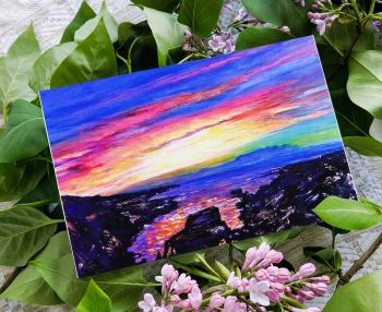 Gortnakilly Pier, Kilcrohane – West Cork sunset fine art greeting card. 17 x 12cm card, press printed on medium weight 330gsm silk paper stock. With white envelope & blank for your own message.
Search for my store Sarah Elliott Fine Art to view all my products.