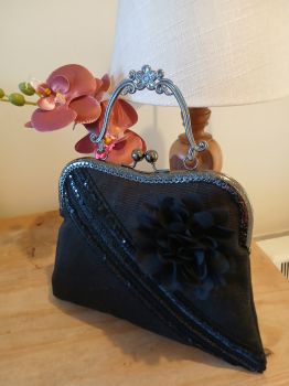 Handcrafted Vintage Inspired Airy Fairy Handbag - Blossom - Black Sequence Trim - Corsage