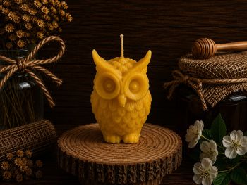 Elevate your space with our enchanting Owl Beeswax Candle. Standing at a graceful H50mm x W40mm and weighing 30g, this petite masterpiece offers a burn time of 6 hours. Handcrafted from pure beeswax, it radiates a subtle natural fragrance as it illuminates. The intricately designed owl adds a touch of whimsical elegance to your decor, making it a perfect addition to any setting.