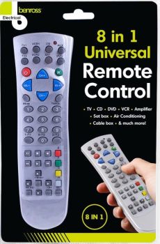 

8-in-1 Universal Remote Control
Controls TV, DVD, VCR, CD, Sat Box and More
3-Digit Device Code Set-Up
Quick Search and Auto Search Functions
Transmission and Set-Up LED Indicator
Requires 2 x AAA Batteries (Not Included)

