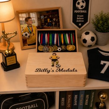 Personalised Soccer Medal box, with two soccer crests. Box is finished with a non toxic wax. The dimensions of the box are 29cm x 18cm x 13cm a very generous size to store all your well earned medals. Choose male and female player, Choose what colour kit, hair and skin colour you would like on the soccer player. Great to make the soccer player look like the recipient of the gift and the colours of their soccer club. The ideal gift for any soccer fanatic with a medal haul and nowhere to store them. Leave them speechless with this personalised medal keepsake box, something they will have to cherish their soccer medals. These personalised soccer medal keepsake boxes are the perfect gift for a birthday, mothers day, fathers day, communion, confirmation or Christmas present. A truly unique gift for any ocassion&nbsp; &nbsp;
&nbsp;